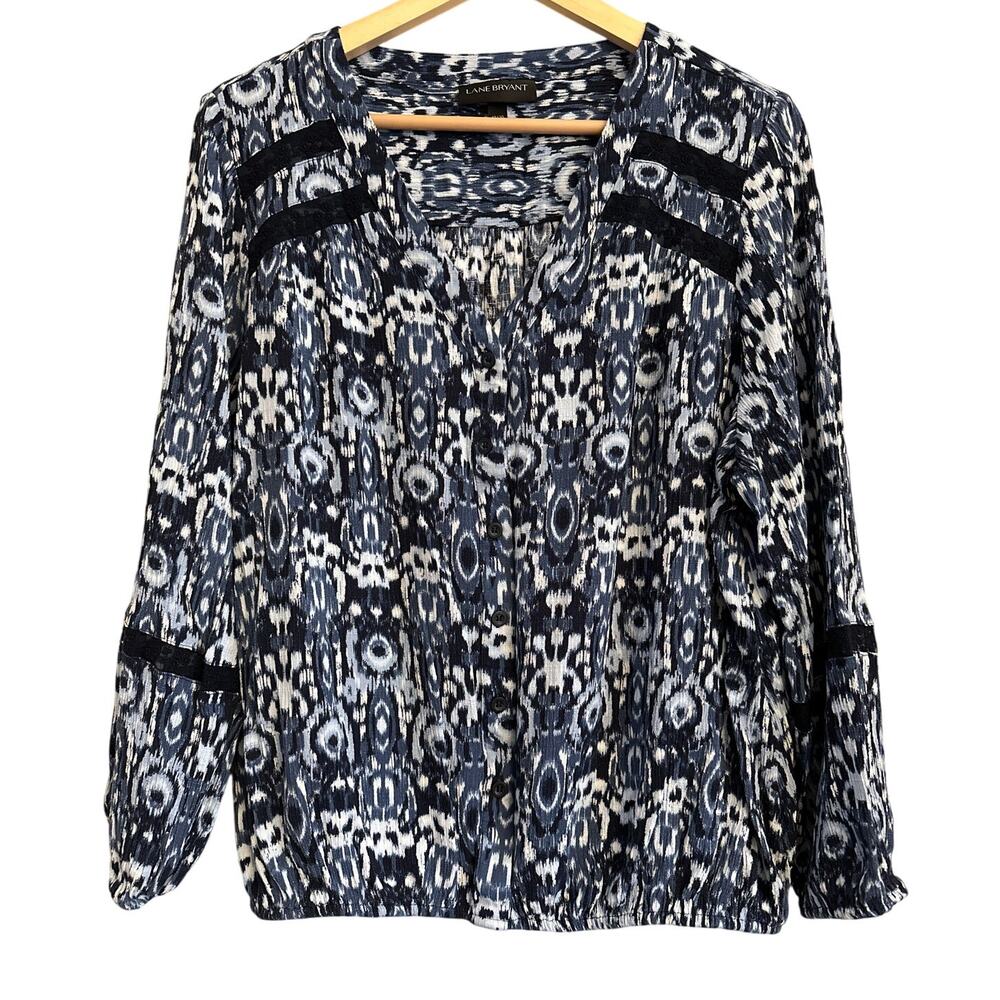 Lane Bryant Boho Peasant Blouse | Size 18/20 | Blue Ikat Print with Navy Lace